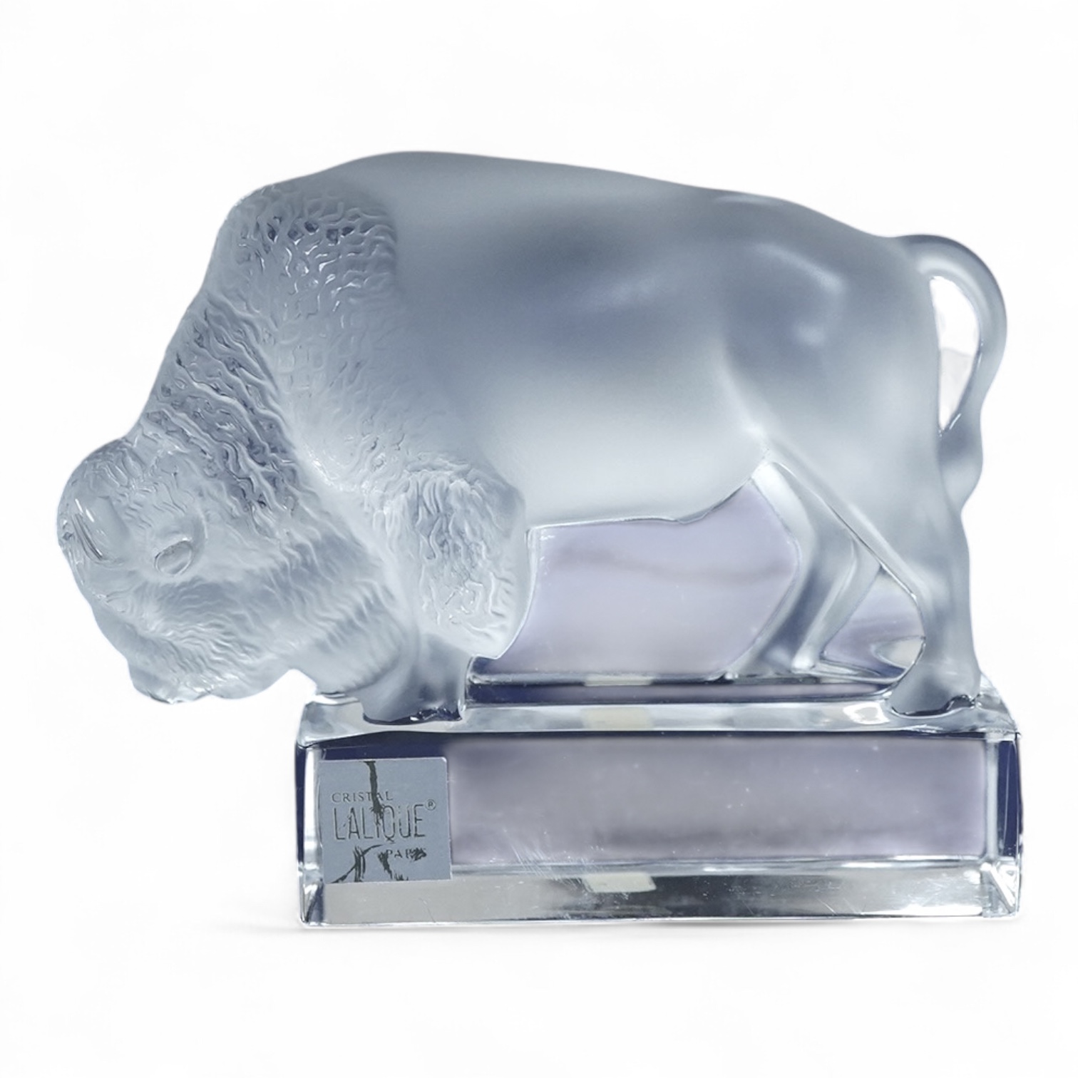 A Lalique crystal frosted glass Bison on polished clear glass paperweight paperweight (boxed), 12cm wide x 10cm high